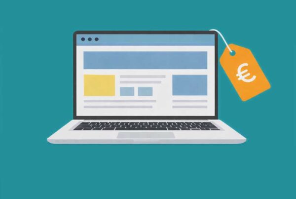 Illustration av webbplats på dator med prislapp – symbol för kostnaden för en företagshemsida
